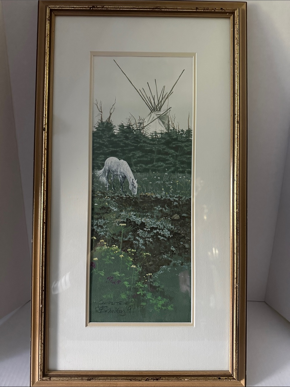 Framed White Horse Nature Print in Gold Frame